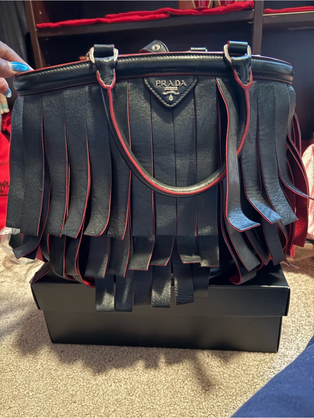 Prada Black Leather Fringe Tote with Red Trim Accent